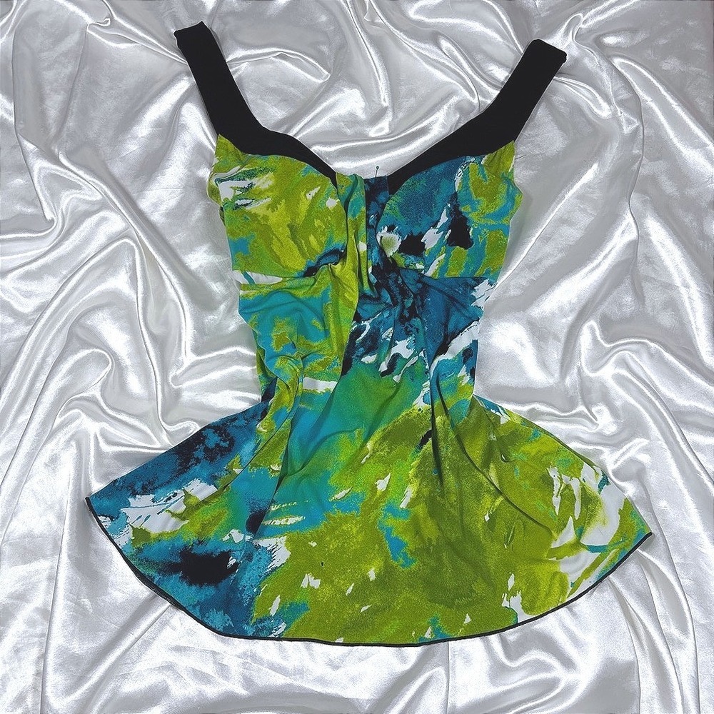 y2k Tank Top Green Excellent I.N. San Francisco Abstract Watercolor Blouse L